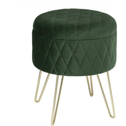 Pouf coffre rond avec espace de rangement, siège en velours pieds en métal, Vert Foncé - Woltu