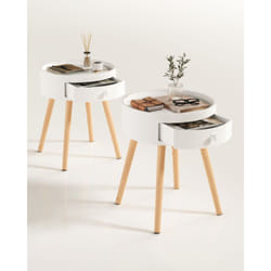 Woltu - Lot de 2 Table de Chevet en mdf avec Tiroir Table de nuit Pieds en bois, Blanc, 38x38x45,5cm