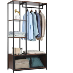 Woltu - Portemanteau avec Compartiment de Rangement, Portant à Vêtements en Bois et Métal pour les Chambres, Hêtre Foncé