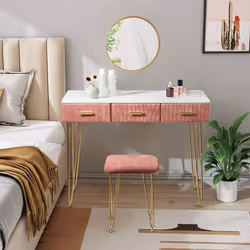 Description générale La coiffeuse en velours rose avec tabouret et miroir mural est un meuble élégant et pratique, parfait po ...