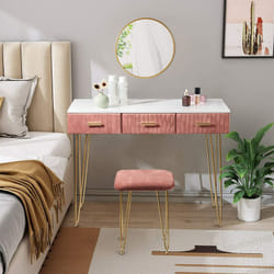 Woltu - Coiffeuse Table de Maquillage avec Miroir et Tabouret en mdf + velours + métal - 100 x 40 x 77, 5 cm - Rose + Blanc + Or