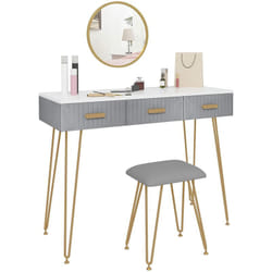 Woltu - Coiffeuse avec Miroir Rond et Tabouret Table de Maquillage avec 3 Tiroirs de Rangement, Meuble Chambre Moderne avec Tabouret rembourré en