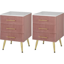 Woltu - Lot de 2 Table de Chevet en Velours Table de Nuit avec 3 Tiroirs - 40,5x41x62cm - Rose