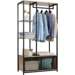 Woltu - Portemanteau avec Compartiment de Rangement, Portant à Vêtements en Bois et Métal pour les Chambres, Chêne Clair