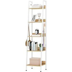 Tagère Échelle, Étagère de Rangement à 5 Niveaux avec 4 Crochets Amovibles, Cadre en Métal, Blanc 40x170x36cm - Woltu