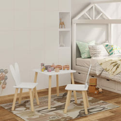 Table et 2 Chaises pour Enfants, Meuble d'Enfants pour Manger et Peindre, en mdf et Bois Massif, Blanc et Couleur de Bois - Woltu