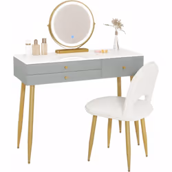 Description générale La table de maquillage élégante est équipée d'un miroir rond de 40x40 cm avec une lumière LED intégrée,  ...