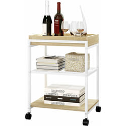 Table d'Appoint, Table Basse à 3 Niveaux, Chariot de Rangement à roulettes, avec Plateau Amovible, Chêne Clair+Blanc - Woltu