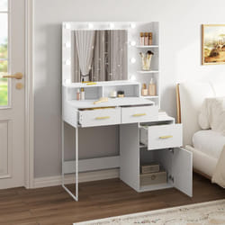 Woltu - Coiffeuse avec Lumière led et Miroir, ‎39, 5 x 90 x 143 cm, Table de Maquillage avec Tiroirs et Étagères Ouvertes, Meuble Chambre Moderne