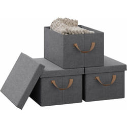 Lot de 3 Boîte de Rangement 43x33x26cm en Tissu non Tissé, Caisse Rangement Pliable, Coffre de Rangement avec Poignée, Couvercle Amovible, Gris