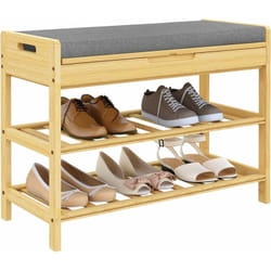 Woltu - Banc à Chaussures 68x30x50cm en Bambou, Étagère pour Chaussures à 2 Niveaux avec Siège Rembourré Rabattable, pour Chaussures dans Couloir,
