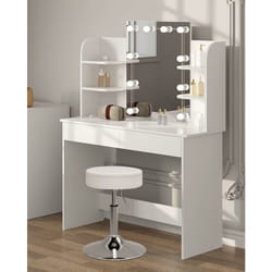 Woltu - Coiffeuse avec Miroir led, Table de Maquillage avec Tabouret Réglable en Hauteur, 108x40x142cm, Table de Maquillage avec 2 Tiroirs 4 Étagères