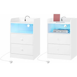 WOLTU Lot de Tables de Chevet avec Station de Charge, Table d'Appoint avec Lumière LED en Bois, Blanc