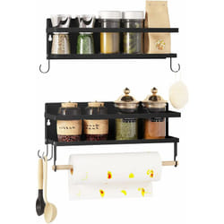 Lot de 2 Étagère Murale Cuisine en Métal, Étagère à Épices, Étagère Murale Salle de Bain, avec Porte-serviettes, 4 Crochets Amovibles, Noir - Woltu