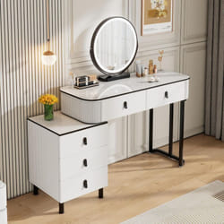 Woltu - Coiffeuse avec Miroir led 100x40x125cm, Table de Maquillage avec 2 Tiroirs 1 Commode, Luminosité Réglable, Assemblage Flexible, Blanc+Noir