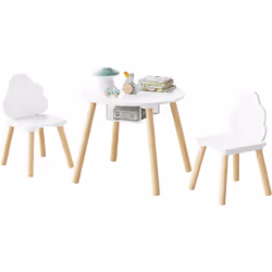 La table enfant avec 2 chaises est fabriquée en MDF et en bois massif. Tous les pieds sont légèrement évasés pour une utilisa ...