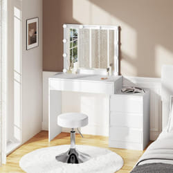 Coiffeuse avec Miroir et Tabouret - Table de Maquillage - 5 Tiroirs et Tabouret Pivotant - Tabouret Rond Réglable en Hauteur - Blanc - Woltu