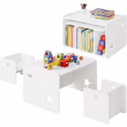 Sur des chaises, les bébés bavardent et jouent en se développant leur capacité de collaboration. La table permet de ranger de ...