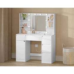 Woltu - Coiffeuse avec Miroir et Multiprise Luminosité Réglable, Table de Maquillage avec 5 Tiroirs et Offene Ablagen, Blanc