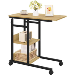 Table d'Appoint avec roulettes, Table Basse, Bout de Canapé, Plateau à Hauteur Réglable, en Bois d'Ingénierie et Métal, Chêne Clair+Noir - Woltu