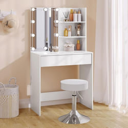 WOLTU Coiffeuse Table de Maquillage avec Miroir LED Lumière Réglable Tabouret Réglable en Hauteur Blanc