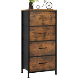 Commode, Commode Chambre, à 4 Tiroirs en Tissu, Meuble de Rangement, Cadre en Métal, Plateau en Bois d'Ingénierie, Marron Rustique et Noir - Woltu