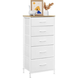Commode WOLTU, Meuble de Rangement avec 5 Tiroirs en Tissu, Armoire, en MDF Cadre en métal, Blanco Nube + Beige Roble