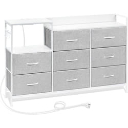 Woltu - Commode à 8 Tiroirs Commode avec Station de Charge, Tiroirs en Tissu et Crochets, en Métal et Bois d'Ingénierie E1, Gris Tourterelle + Blanc