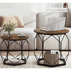 Woltu - Lot de 2 Tables Basses Gigognes Table de Salon, Table d'Appoint , Table de Café Rond,Plateau en Bois Composite, Cadre Noir en Métal,Effet de