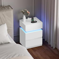 Woltu - Table de Chevet Table de Nuit led, avec Station de Charge, 2 Prises, 2 Ports usb, 2 Tiroirs, 1 Casier, Blanc