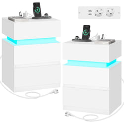 Woltu - Lot de 2 Table de Chevet Table de Nuit led, avec Station de Charge, 2 Prises, 2 Ports usb, 2 Tiroirs, 1 Casier, Blanc