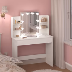 - La table de maquillage est équipée d'un miroir clair (45x60 cm) et d'une chaîne lumineuse de 10 ampoules. Connectable via U ...