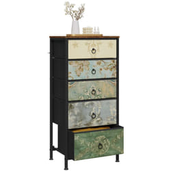 Commode à 5 Tiroirs en Tissu Woltu Meuble Rangement Cadre en Métal, 45.5x30x95.5cm, Marron Rustique+Noir+Motif de Fleur Vintage