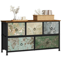 Commode à 4 Tiroirs en Tissu Woltu Meuble tv, Meuble Rangement Cadre en Métal, 100x30x54cm, Marron Rustique+Noir+Motif de Fleur Vintage