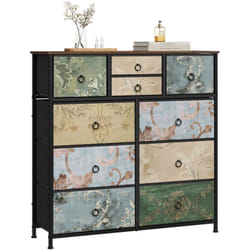 Commode à 10 Tiroirs en Tissu Woltu Meuble Rangement Cadre en Métal, 100x30x100cm, Marron Rustique+Noir+Motif de Fleur Vintage