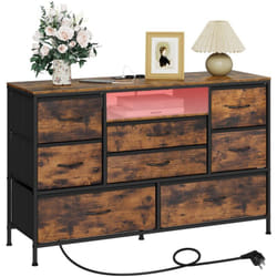 Commode à 8 Tiroirs en Tissu Woltu Meuble tv avec Lumière LED,Armoire avec Station de Recharge, Brun Rustique et Noir