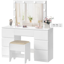 Woltu - Coiffeuse avec Miroir led et Tabouret Table de Maquillage Luminosité Réglable, avec 7 Tiroirs, 110x39,5x140,5 cm, Blanc