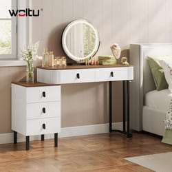 Woltu - Coiffeuse avec Miroir led Coiffeuse avec Rangement, 2 Tiroirs et 1 Commode, Luminosité Réglable, Miroir Pivotant, Table de Maquillage, Effet