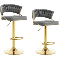 Lot de 2 Tabourets de Bar en Velours et Métal Woltu Tabouret Pivotant avec Dossier Tissé et Repose-Pieds, Hauteur Réglable, Gris foncé