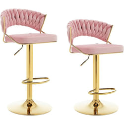 Lot de 2 Tabourets de Bar en Velours et Métal Woltu Tabouret Pivotant avec Dossier Tissé et Repose-Pieds, Hauteur Réglable, Rose