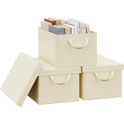 Woltu - Lot de 3 Boîte de Rangement 38x27x20 cm, avec Couvercle, Coffre de Rangement en Tissu non Tissé, Pliable, Crème