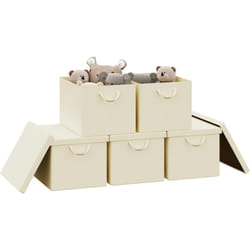 Woltu - Lot de 5 Boîte de Rangement 48x36x30 cm, avec Couvercle, Coffre de Rangement en Tissu non Tissé, Pliable, Crème