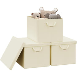 Woltu - Lot de 3 Boîte de Rangement 48x36x30 cm, avec Couvercle, Coffre de Rangement en Tissu non Tissé, Pliable, Crème