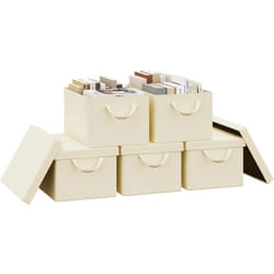 Woltu - Lot de 5 Boîte de Rangement 38x27x20 cm, avec Couvercle, Coffre de Rangement en Tissu non Tissé, Pliable, Crème