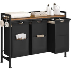 Woltu - Panier à Linge 3 Compartiments Meuble Panier à Linge,avec Étagère, Sac à Linge en Tissu Oxford Amovible, Cadre en Métal, Marron Rustique+Noir