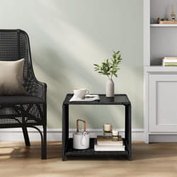 Table de Jardin WOLTU, Table d'Appoint en Rotin PE, avec Plateau en Verre Trempé, Résistante aux Intempéries, Casier Ouvert, 45x45x40cm, Noir