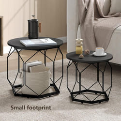 Woltu - Lot de 2 Tables Basses Gigognes Table Basse Ronde, Cadre Noir, en Métal + Bois Composite, Chêne Noir
