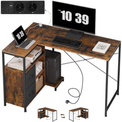 Bureau d'angle Woltu 120x80 cm, Table d'Ordinateur avec Étagère Réversible, Prises et Port usb-a Typ-C, Forme de l, Cadre en Métal, Marron Rustique