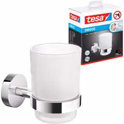 tesa SMOOZ gobelet à brosse à dents avec support - gobelet en verre satiné, support mural chromé - pour montage mural sans pe ...
