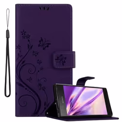Coque pour Sony Xperia XZ1 Housse en LILAS FONCÉ FLORAL Etui Case Cover Protection Floral Portefeuille Wallet